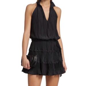 Ramy Brook Mini Dress Aaron V-Neck Pleated Beaded Embellished Skirt Black Large